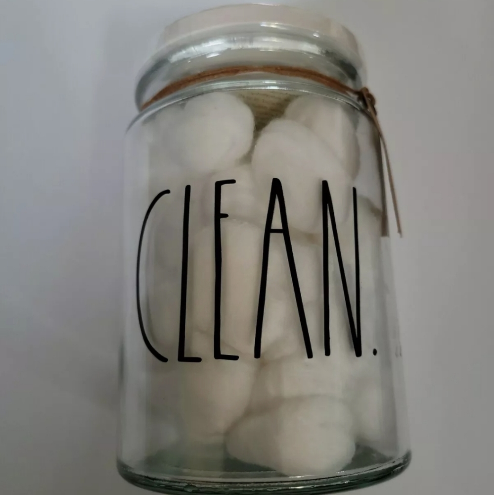 RAE DUNN CLEAN   Clear Glass cotton ball bathroom jar